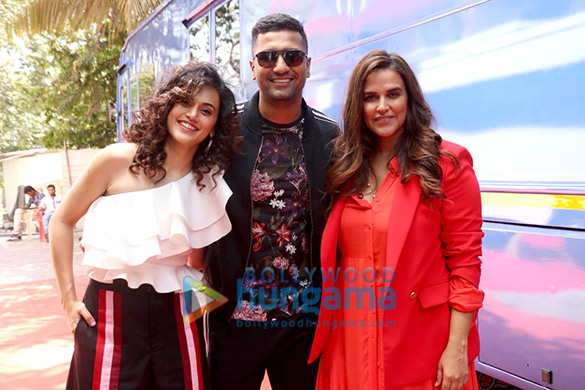 Vicky Kaushal and Taapsee Pannu snapped with Neha Dhupia on the sets of BFFs with Vogue season 3