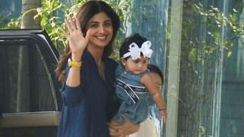 Shilpa Shetty poses with her daughter Samisha for the paparazzi; the little one’s expressions are too good to miss