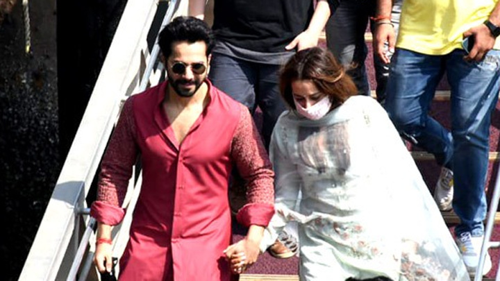 Varun Dhawan and Natasha Dalal leaving from Alibaug from a speed boat Varun Dhawan and Natasha Dalal leaving from Alibaug from a speed boat