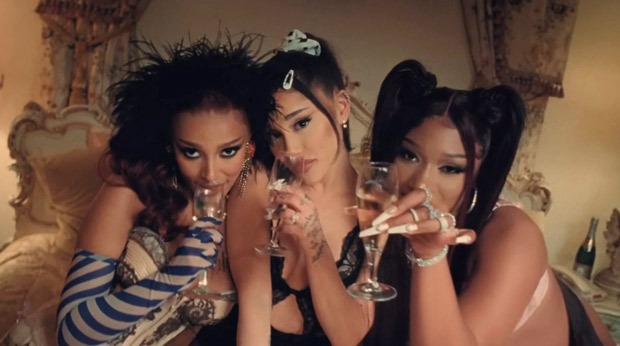 Ariana Grande, Megan Thee Stallion and Doja Cat have sexy girls' night in '34+35' remix music video 