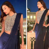 Athiya Shetty pairs pearl embellished blouse with navy draped chiffon saree worth Rs. 78,800