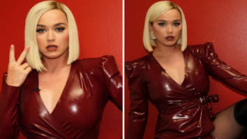 Katy Perry brings red hot drama to American Idol in latex thigh-high slit dress and knee length boots