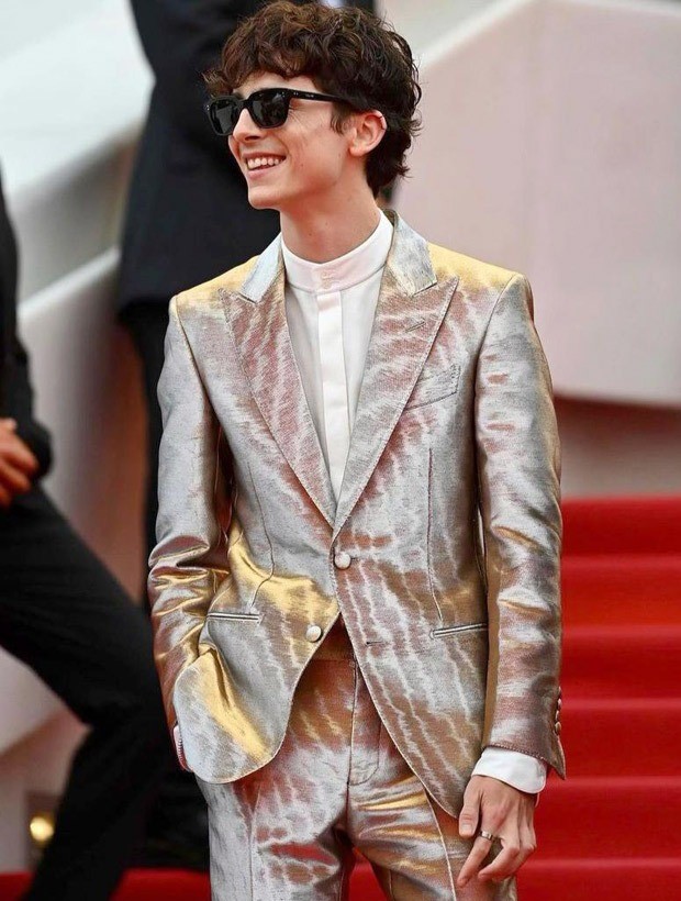 Timothée Chalamet shines bright in Tom Ford silver tuxedo and Chelsea heeled boots at Cannes
