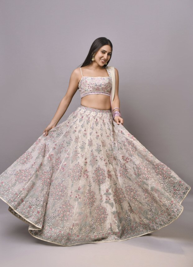 Sara Ali Khan is endlessly enchanting in white and pink infused organza silk Anita Dongre lehenga worth Rs. 1.99 lakh for Atrangi Re promotions 
