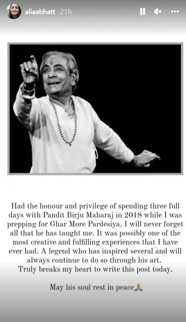 Madhuri Dixit pays tribute to late Pandit Birju Maharaj; Alia Bhatt calls him a 'legend'