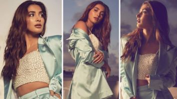 Pooja Hegde channels her inner boss babe vibe in satin pastel green pantsuit and pearl crop top worth Rs. 50,176 for Beast promotions