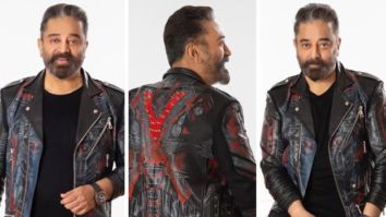 For Vikram trailer and audio launch, Kamal Haasan looked suave and stylish in a custom-made black leather jacket with themes from the film