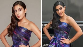 Sara Ali Khan makes a strong case for metallic in Amit Aggarwal’s purple off-shoulder draped metallic dress worth Rs.1.25 Lakh