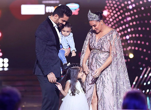 Neha Dhupia gets felicitated at Femina Miss India 2022; husband Angad Bedi along with son Guriq and daughter Mehr come on stage