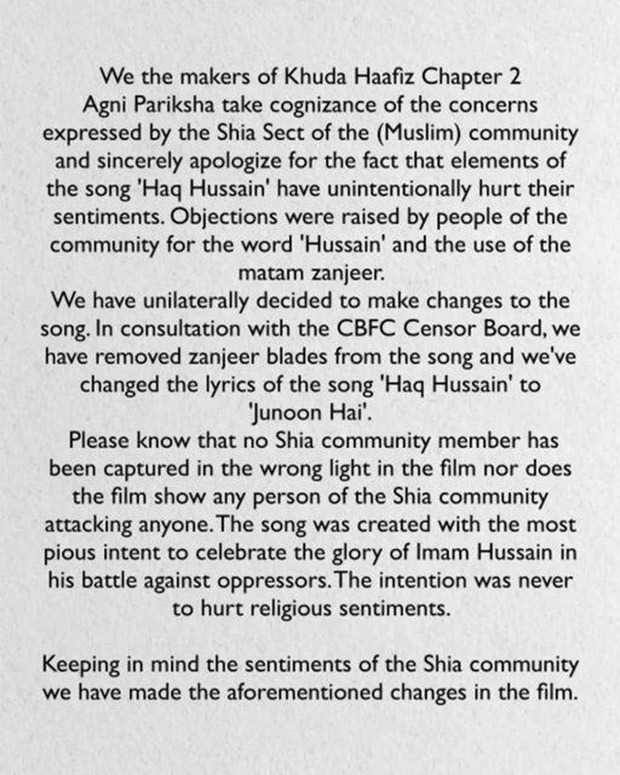 Khuda Haafiz 2 team including Vidyut Jammwal apologizes to Shia community; changes ‘offensive’ words in a song