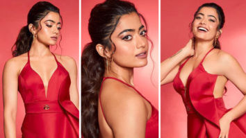 Rashmika Mandanna looks like a vision in red dress with plunging neckline and ruffled trail