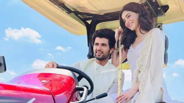 Vijay Deverakonda rides a tractor with Ananya Panday by his side